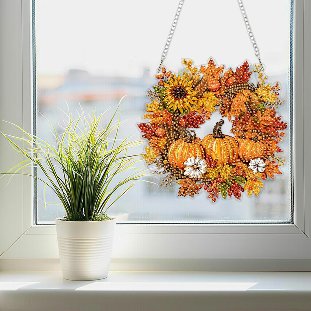 SENQAO Halloween Diamond Art Hanging Kits for Adults Beginners, DIY Acrylic 5D Special Shaped Crystal Diamond Gem Art Painting Hanging Ornament for Home Wall Decor and Gift(Fall Pumpkin Wreath) SENQAO