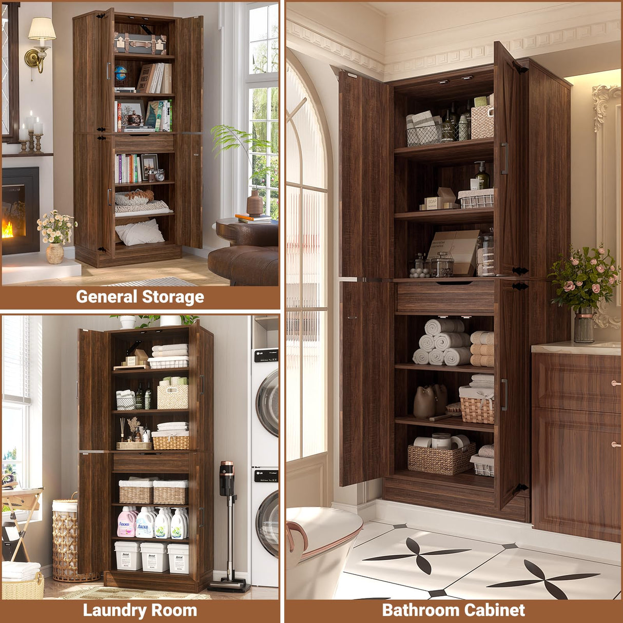 Unikito 71" Farmhouse Kitchen Pantry Storage Cabinet with Barn Doors, Adjustable Shelves & Drawer Organizer, Versatile Tall Storage Cupboard for Dining Room, Bathroom, Utility Room, Weathered Brown Unikito