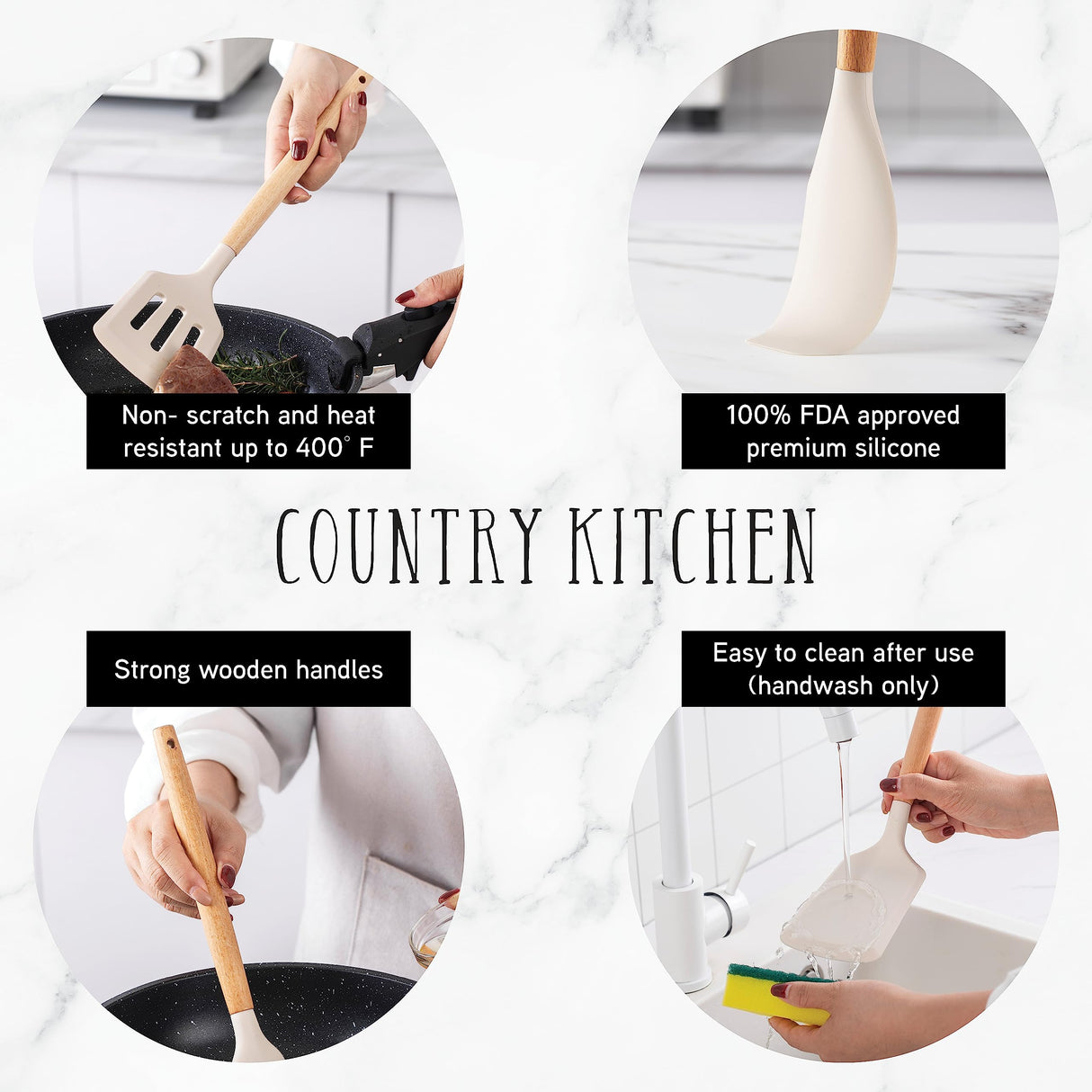 Country Kitchen Non Stick Silicone Utensil Set with Rounded Wood Handles for Cooking and Baking, 14 Piece Set, Khaki Country Kitchen