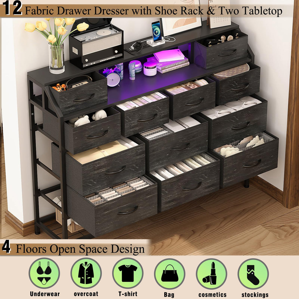 Welfuturer Dresser for Bedroom with 12 Drawers Black Dressers with Charging Station and LED Light 50 inch TV Stand Chest of Drawers with Shoe Rack and Open Shelf for Living Room Entryway Halfway Welfuturer
