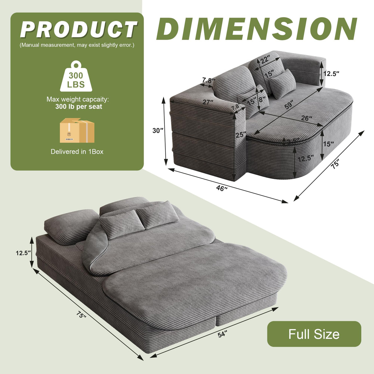 IZLKQC 75'' Convertible Folding Sofa Bed, Memory Foam Couch, Foldable Full Size Love Seat Sleeper Bed, 2-in-1 Foldable Curved Sleeper Sofa with 4 Pillows and Blanket for Living Room (Corduroy, Gray) IZLKQC