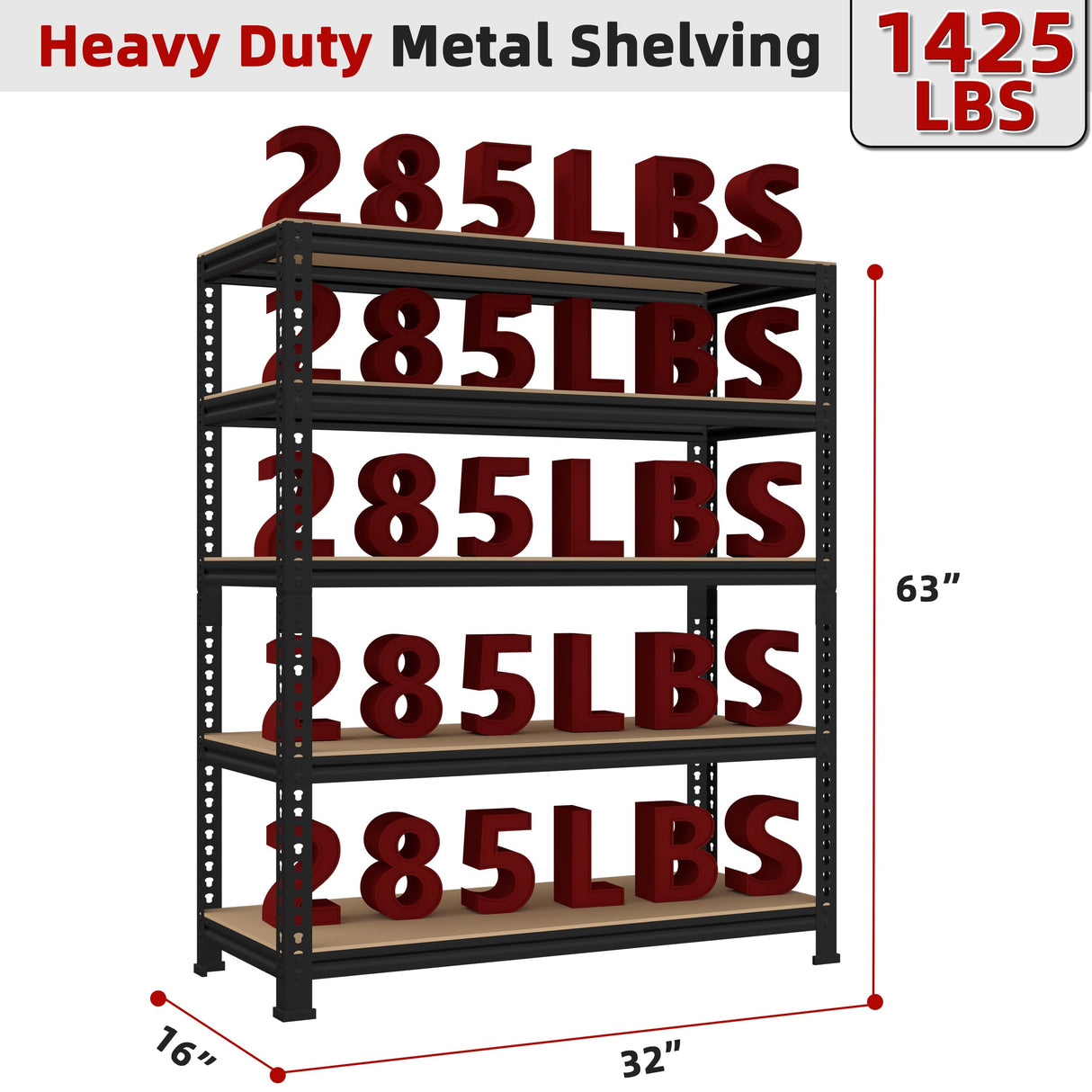 BuxWellBang 5 Tier Garage Storage Shelves - 32" W x 16" D x 63" H Adjustable Heavy Duty Metal Shelving Unit, Garage Shelving Organizers and Storage Utility Rack for Basement, Pantry, Kitchen, Black BuxWellBang