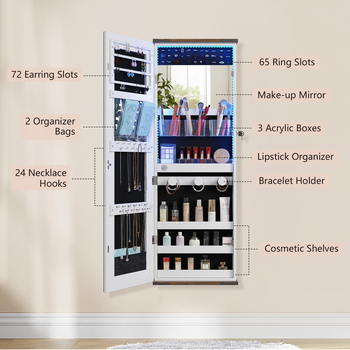 FREDEES Farmhouse Jewelry Organizer,Jewelry Armoire Cabinet with LED Lights Wall or Door Mounted, Full Length Mirror with Storage&Lockable,Interior Mirror,White FREDEES