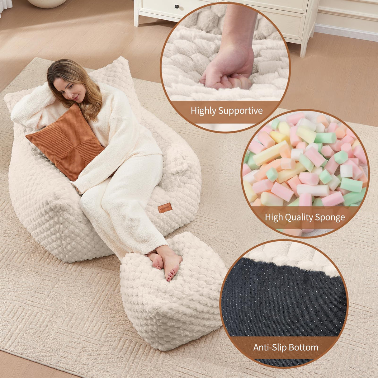 WSOFRLAC Bean Bag Chair with Ottoman, Modern Giant Bean Bag Couch Sofa with Footstool, Lounge Large Bean Bag Chairs for Adults Teens, Comfy Faux Fur Reading Chair for Bedroom, Living Room WSOFRLAC