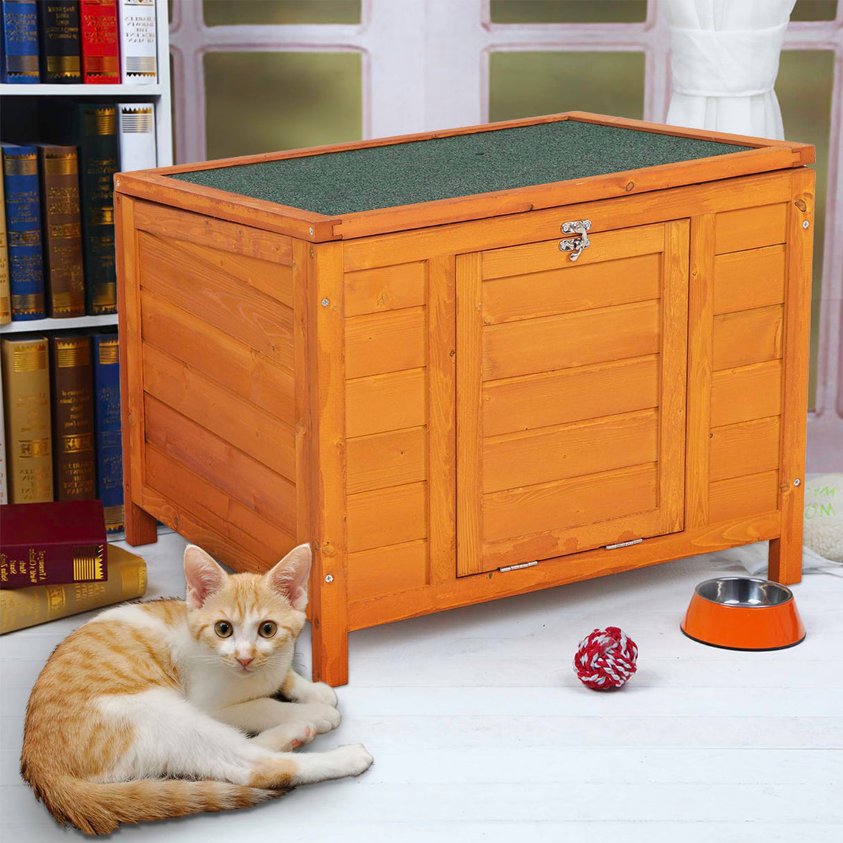 Small Wood Rabbit Hutch Bunny Cage, Raised Cat House with Ladder for Small Animals, Orange ANNECOSK