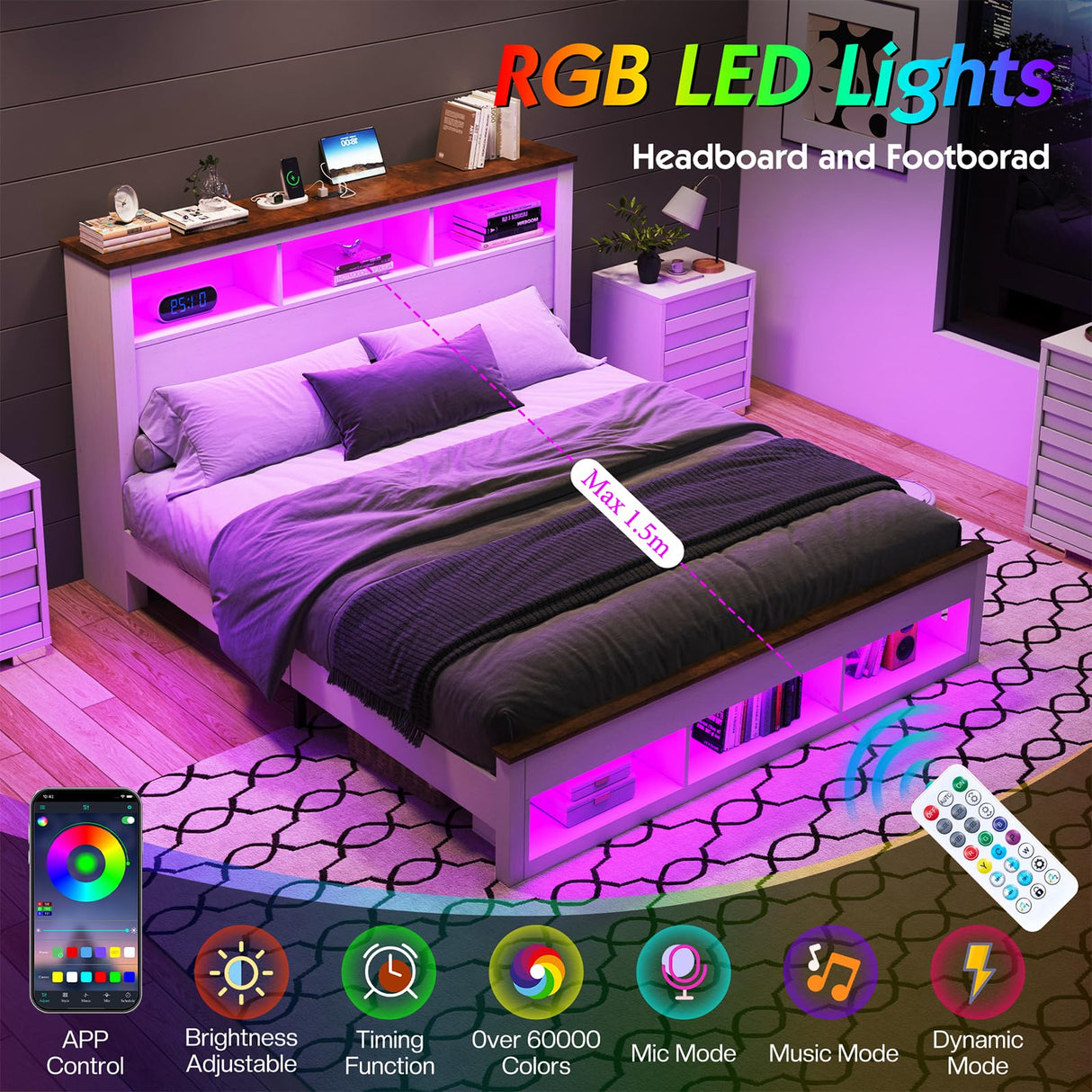 LUXOAK Queen Size Bed Frame with Bookcase Storage Headboard & Footboard, Farmhouse Wood Platform Bed with LED Light & Charging Station, No Box Spring Needed, White LUXOAK