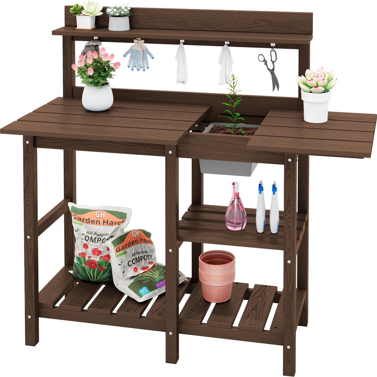 SERWALL Outdoor Potting Bench with Removeable Sink,Rot-Resistant HDPE Potting Table for Outside Gardening, All Weather Use - Coffee SERWALL