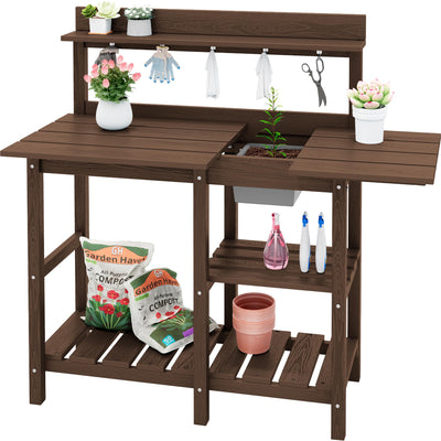 SERWALL Outdoor Potting Bench with Removeable Sink,Rot-Resistant HDPE Potting Table for Outside Gardening, All Weather Use - Coffee