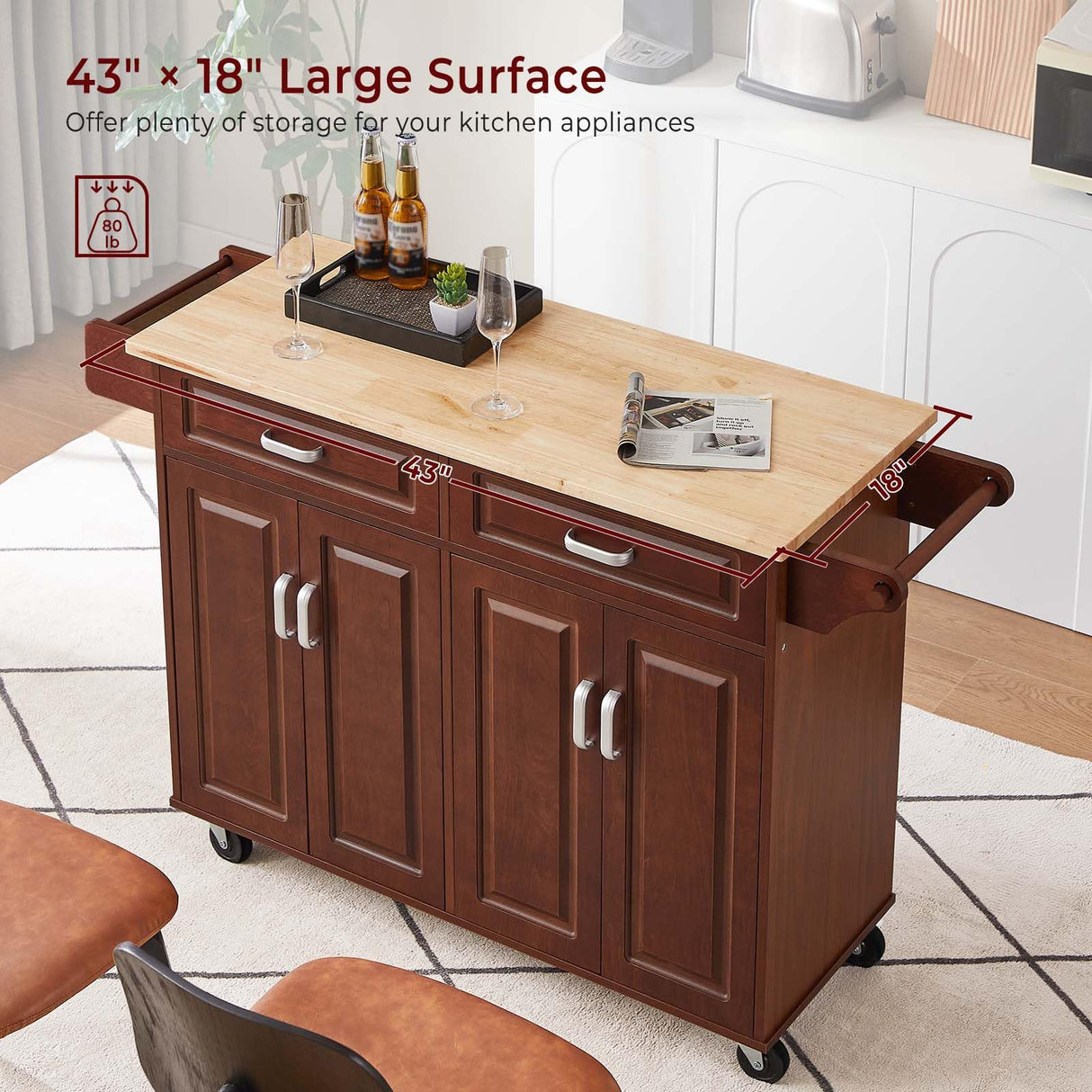 Lyromix 54" Rolling Kitchen Island on Wheels, Large Kitchen Island Cart with Storage Cabinet, Portable Wood Island Table for Kitchen with 2 Drawers and Spice Rack & Towel Rack, Rustic Brown Lyromix