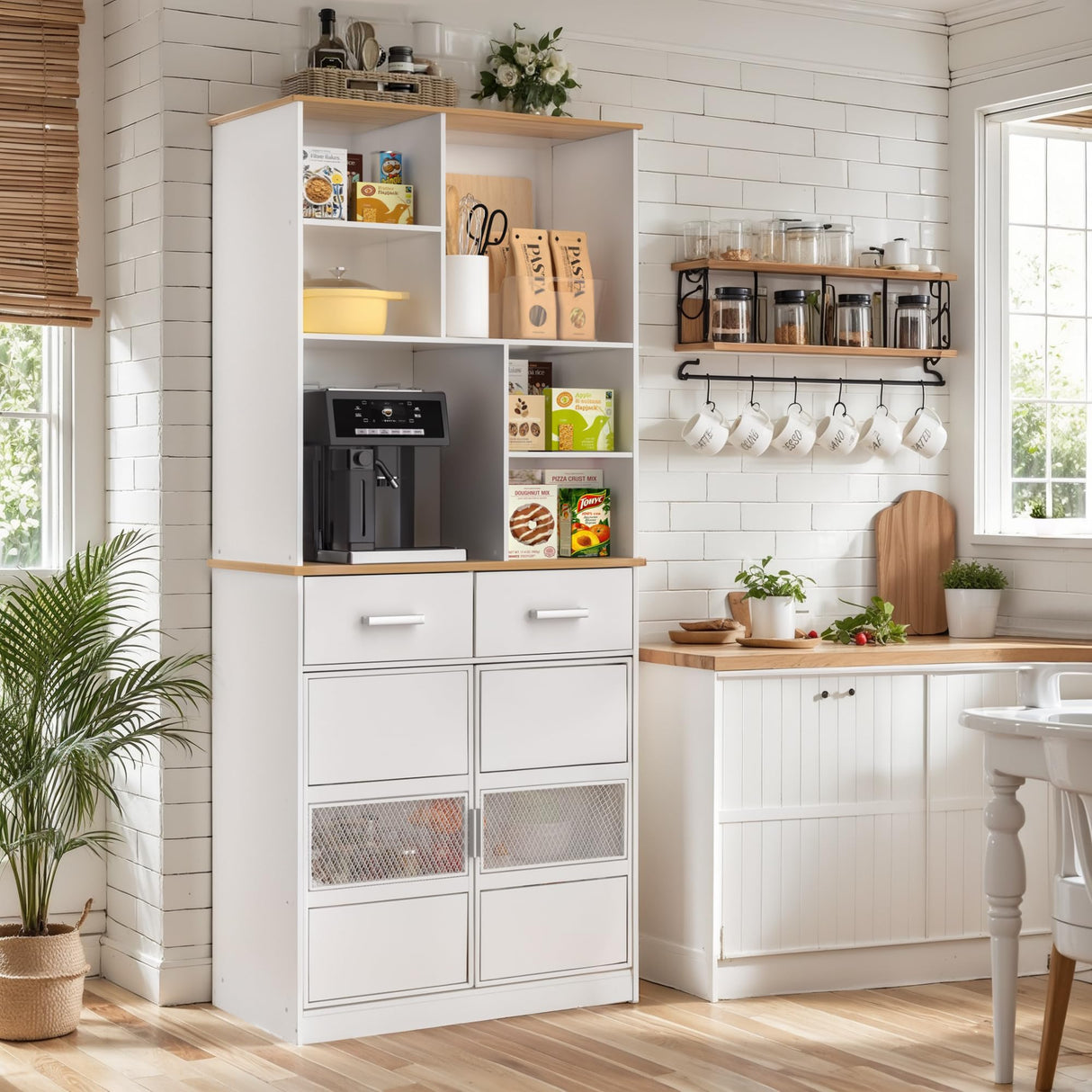 VECELO 72" Tall Kitchen Pantry Storage Cabinet with Doors & Shelves & 2 Drawers Freestanding Buffet Hutch with | Microwave Stand | Cupboard for Dining Room, White VECELO