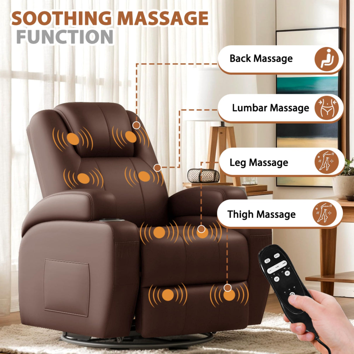 Flamaker Swivel Rocker Recliner Chair with Vibration Massage, 360° Swivel Recliner Chairs for Adults Ergonomic Lounge Chair with Cup Holders Lazy Boy Recliner Single Sofa Seat (Leather, Brown) Flamaker