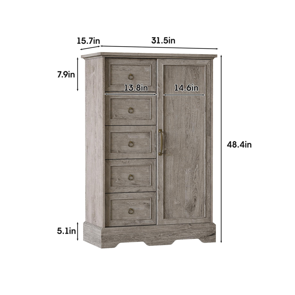 Vabches 5 Drawers Dresser for Bedroom with Sliding Barn Door, 48" Tall Farmhouse Modern Chest of Drawers, Wood Organizer Dresser for Bedroom, Hallway, Living Room, Rustic Washed Grey Vabches