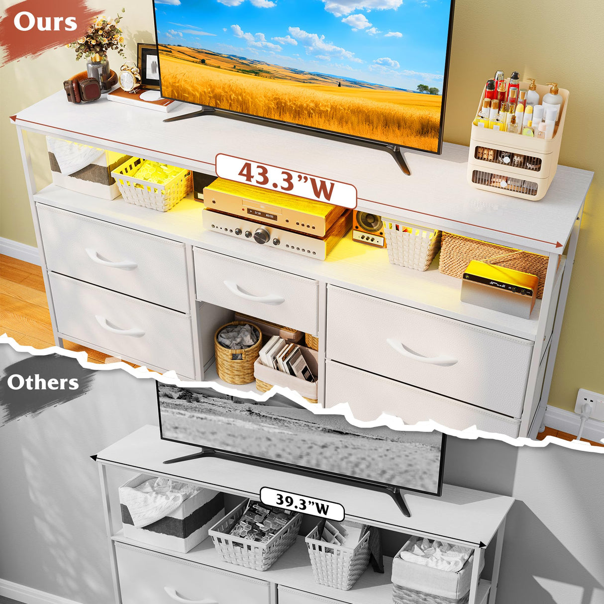 TV Stand Dresser with LED Lights & Power Outlets, Entertainment Center for 50" Inch TV, 5 Drawers TV Stand for Bedroom Dresser with Shelves for Living Room, Sturdy Metal Frame, White EnHomee