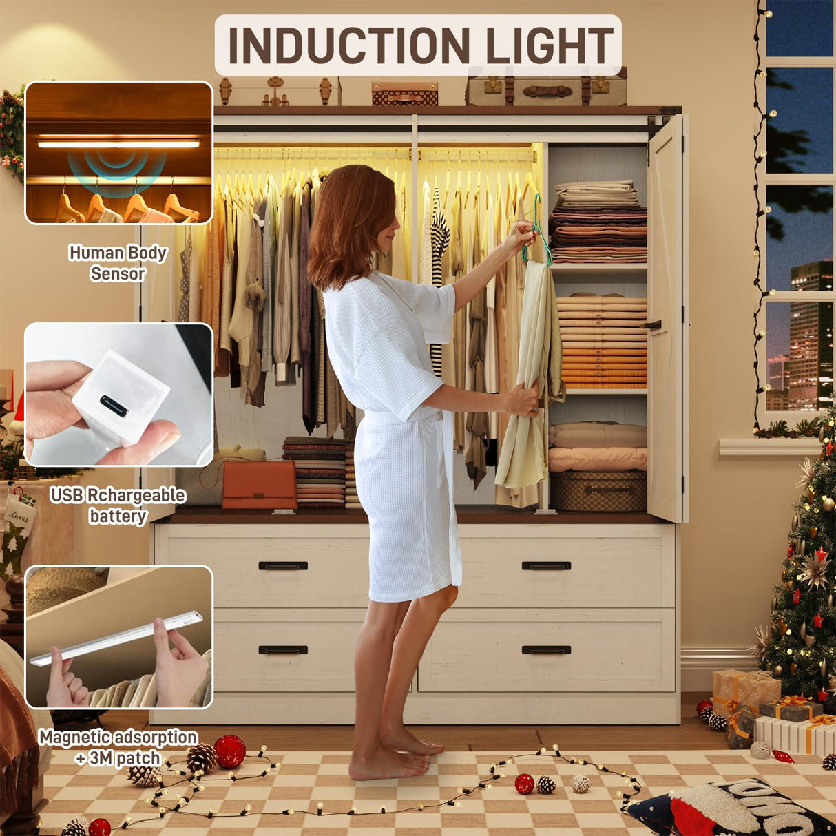 Farmhouse 4 Doors Armoire Wardrobe Closet w/Folding Sliding Barn Door and Lights, LED Armoire Closet w/Drawers for Bedroom, Freestanding Wooden Wardrobe Storage Closets w/Hanging Rod,Antique White jiteentarou