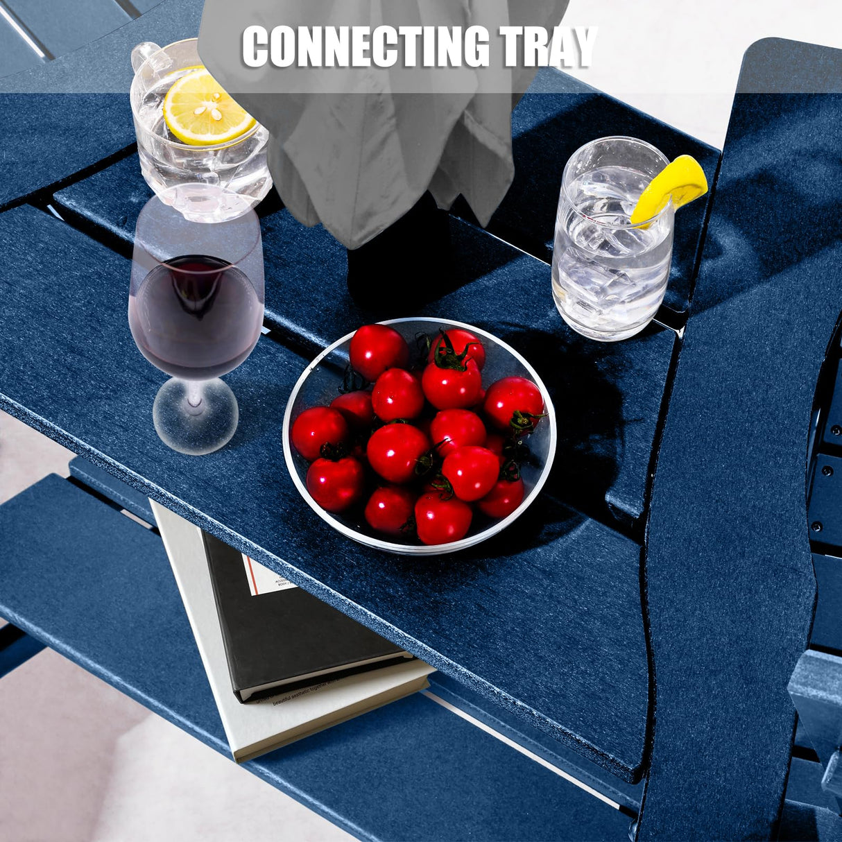 FOOWIN Tall Adirondack Chairs Set of 2,Recycled Poly Balcony Chair with Double Connecting Tray Patio Stools Weather Resistant for Outdoor Deck Lawn Pool Backyard (Double Connecting Tray, Navy Blue) FOOWIN