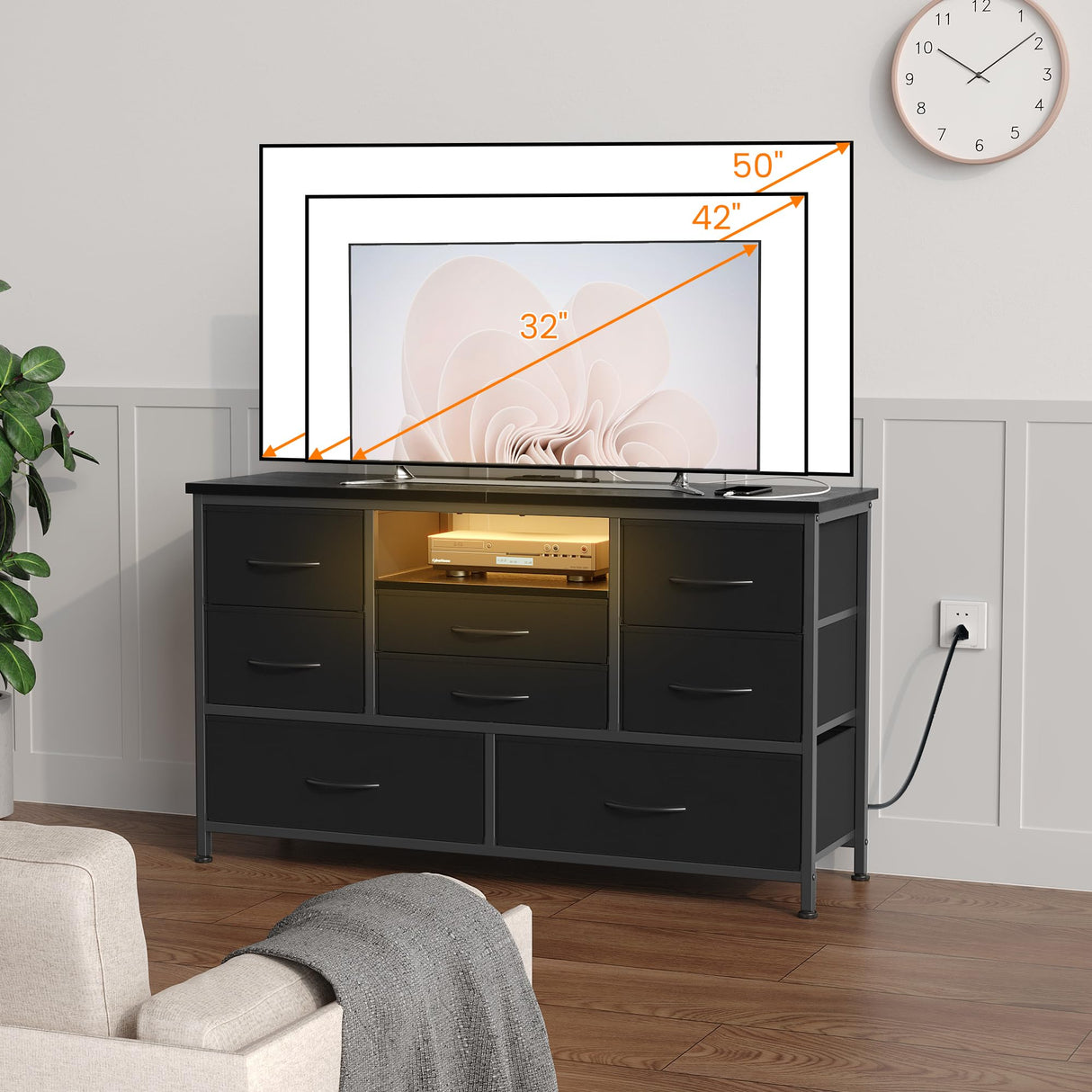 Dresser TV Stand with Power Outlet & LED Lights for 55'' TV,8 Drawers Entertainment Center, Fabric Chest of Drawers with Wood Top, TV Stands for Bedroom, Living Room, Black SunnyFurn