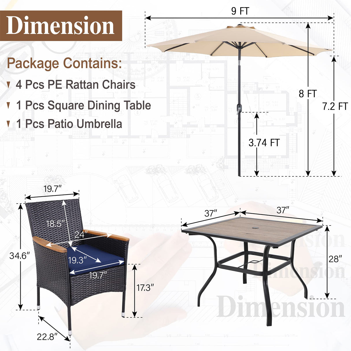 Sophia & William 5 Pieces Outdoor Furniture with 9ft Beige Patio Umbrella, Outdoor Patio Dining Set for 4 People, Square Faux Wood Patio Table and Rattan Chairs, Patio Furniture Set with Seat Cushions Sophia & William