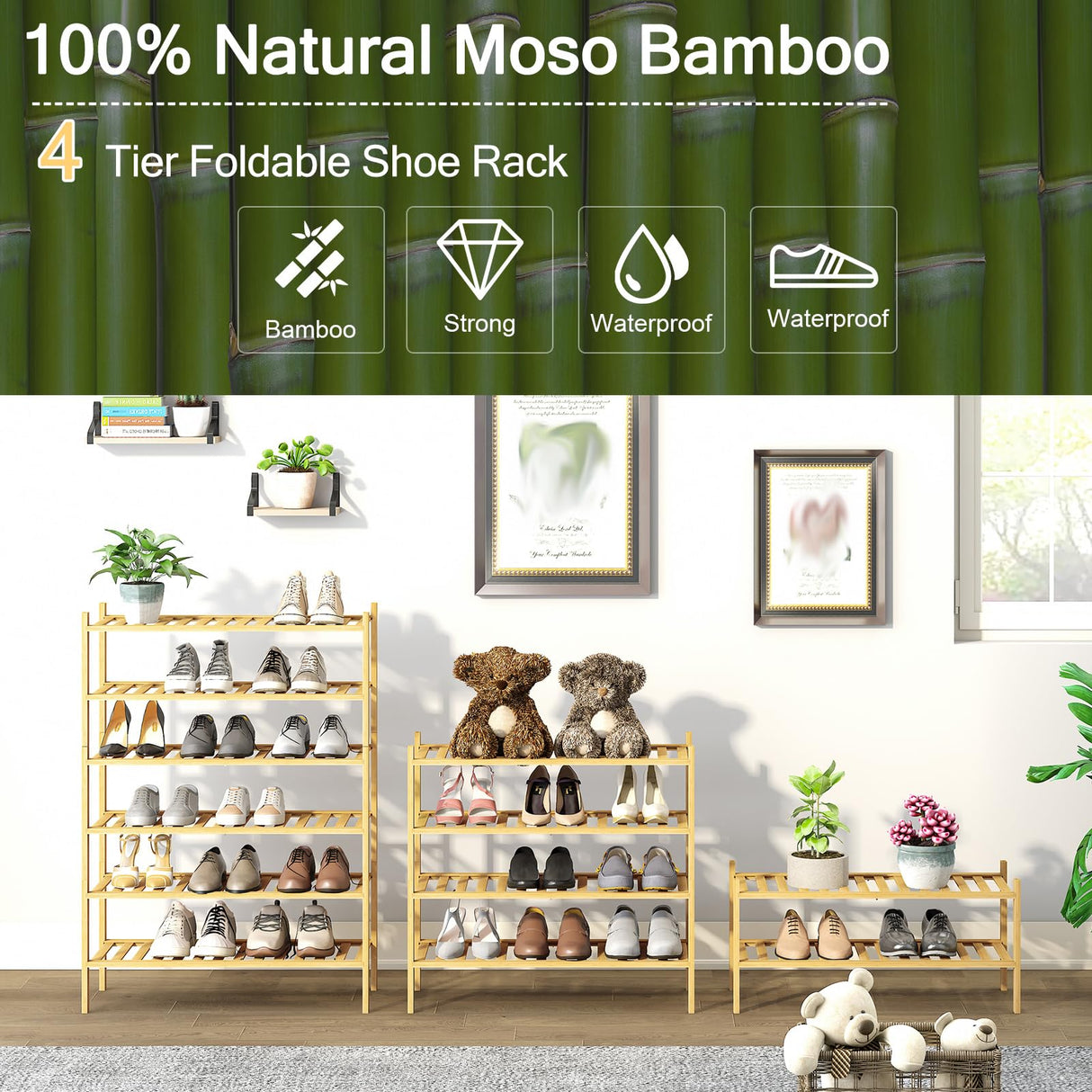 4-Tier Bamboo Shoe Rack for Entryway, Stackable | Heavy Duty | Multi-Function, Free Standing Shoe Racks for Bedroom Hallway Closet Furshus