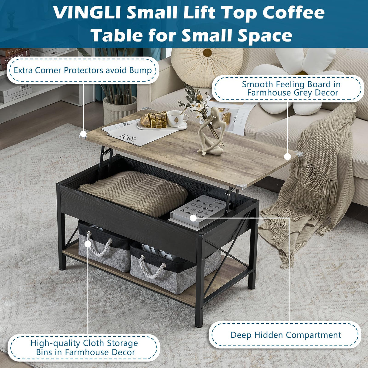 VINGLI 36" Lift Top Coffee Table with Free Cloth Storage Bins, Rustic Framhouse Grey Coffee Table for Living Room, Small Modern Coffee Table for Small Space in Minimalistic Style, Gray VINGLI