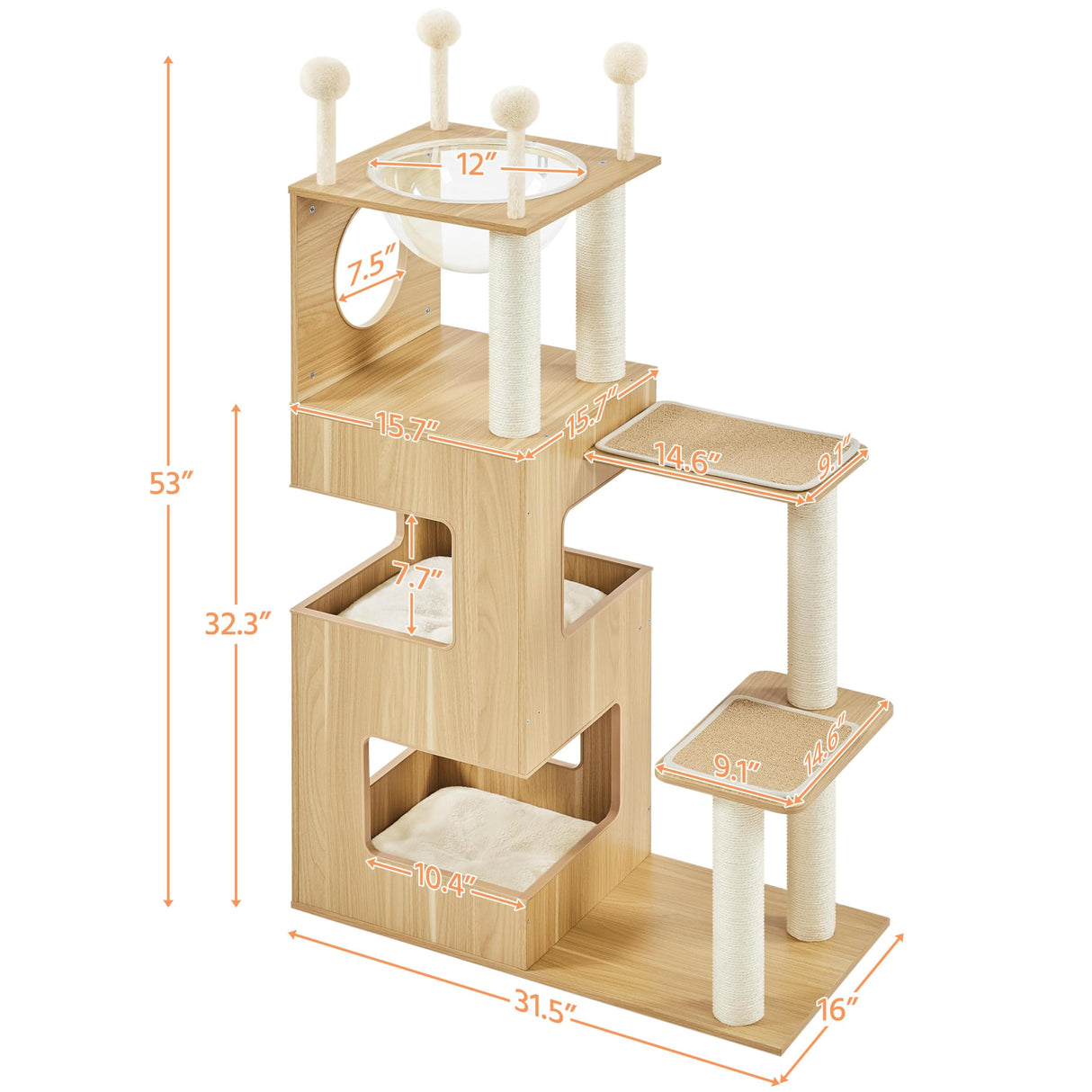 Yaheetech Wooden Cat Tree, 53in Modern Cat Tower for Indoor Cats with Scratching Posts Washable Detachable Cushion, Clear Bowl & Teasing Balls, Multi-Level Heavy Duty Cat Condo Furniture for Large Cat Yaheetech
