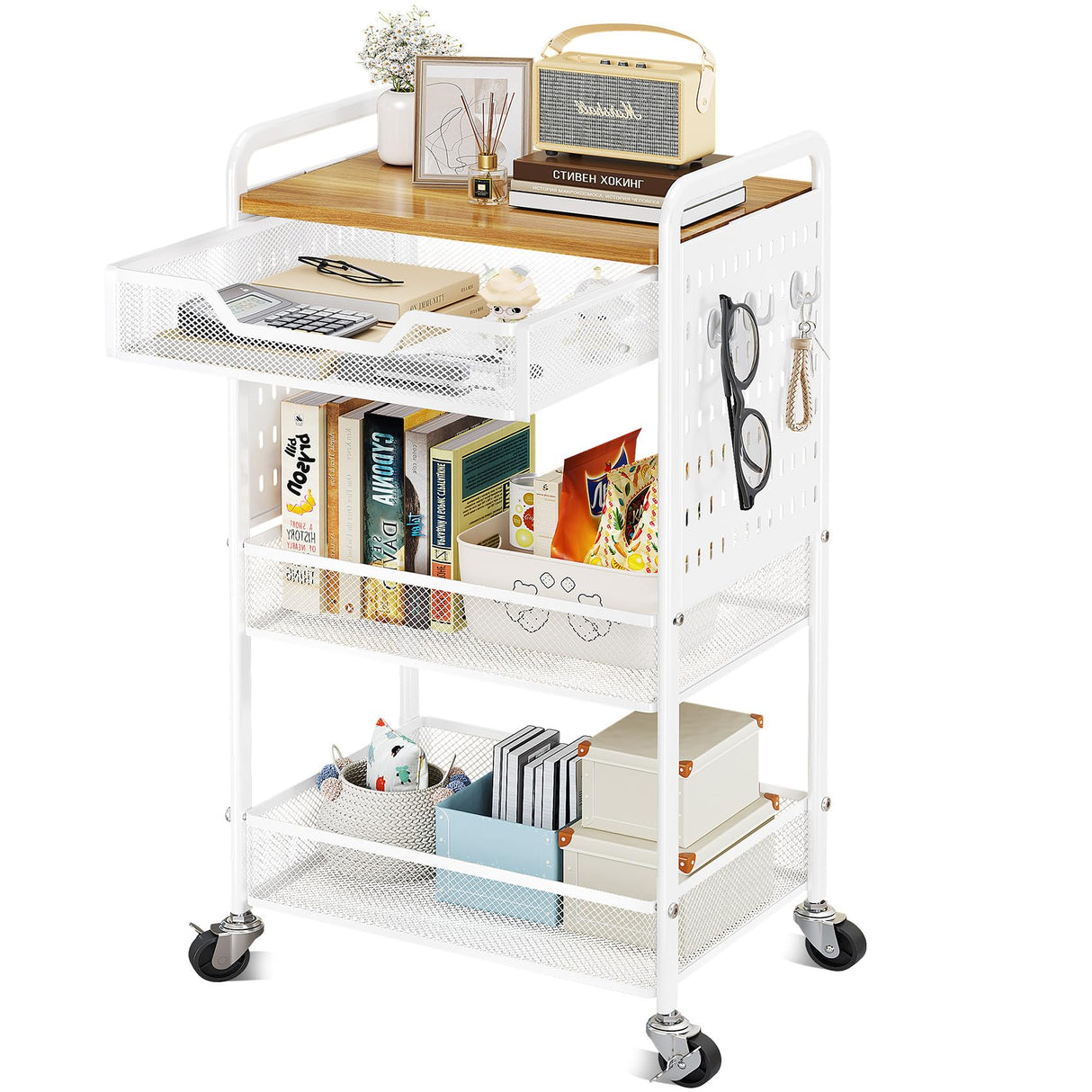 3-Tier Rolling Utility Cart with Wheels - Metal Cart with Wood Tabletop, Slide Drawer and Pegboards & Hooks, Versatile Storage Organizer Cart for Home Office Kitchen, White SNTD