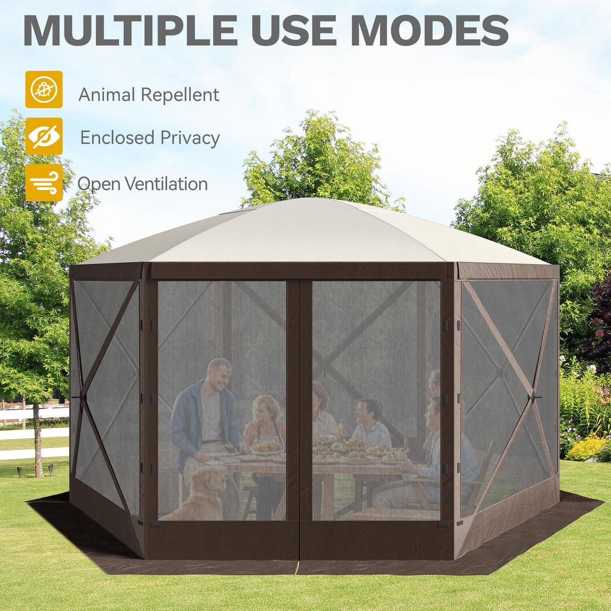 DWVO Gazebo Screen Tent, 12x12ft Instant Outdoor Portable Camping Screen House Canopy 6 Sided w/Mesh Windows & Carry Bag for Patio, Camping, Backyard, Brown DWVO
