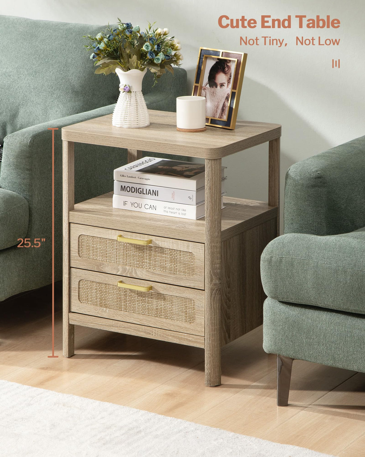 SHEEPPING Rattan Nightstands Set of 2 - Bedside Tables with 2 PE Rattan Drawers, Boho Night Stand with Open Wood Shelf, Farmhouse Bed Side Table/End Table for Bedroom Living Room, Natural, 25.5" H SHEEPPING