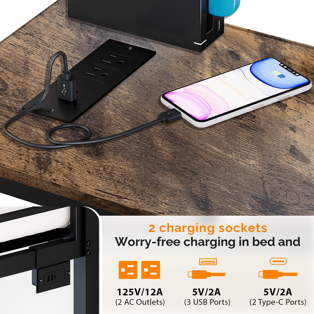 VINGLI Twin Metal Loft Bed Frame with 15 Inches Safety Guardrail, Non-Slip Ladder, 2 Charging Stations, L-Shaped Desk, Storage Shelve, 4 Drawers, LED Lights, for Kids, No Box Spring Needed, Black VINGLI