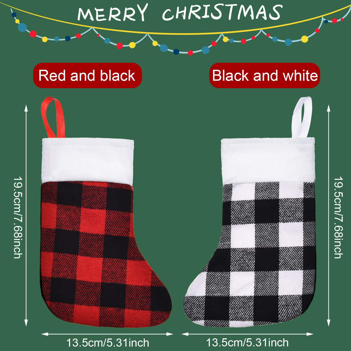 Skylety 24 Pcs Christmas Stockings Bulk Mini Xmas Buffalo Plaid Stocking Plush Cuff Hanging Decorations for Holiday Party Favors(24 Pcs,Red Black, Black White,Plaid) Skylety
