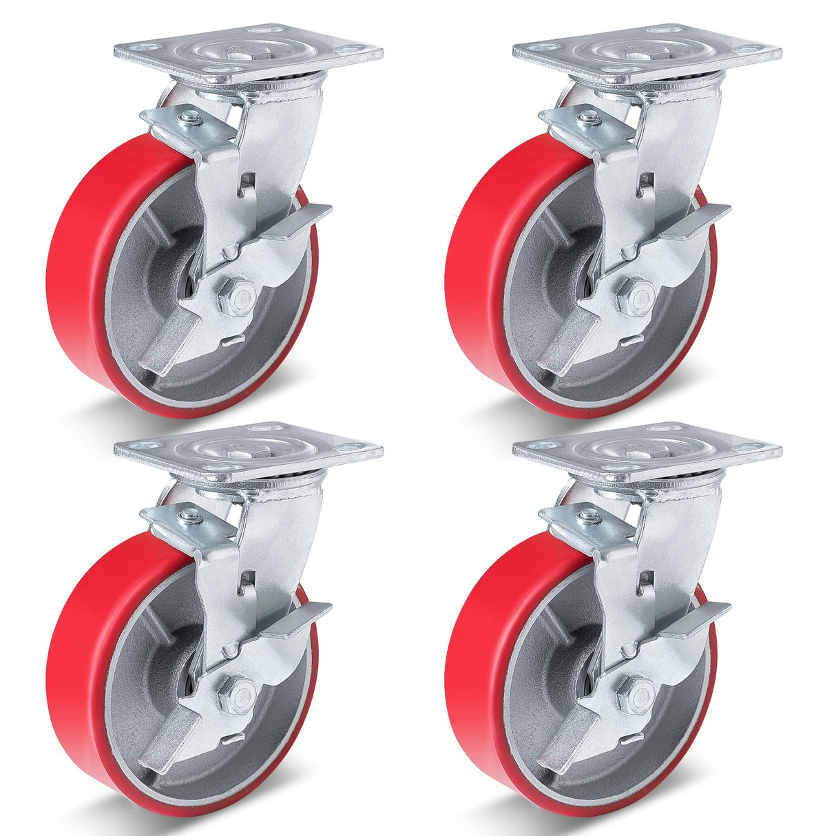 Nefish 6 Inch Industrial Casters Set of 4 Heavy Duty No Noise Polyurethane Wheel on Steel Hub, Workbench Casters with Brakes 4800 Lbs, Plate Swivel Casters for Toolbox Workbench (4 Swivel & Brakes) Nefish