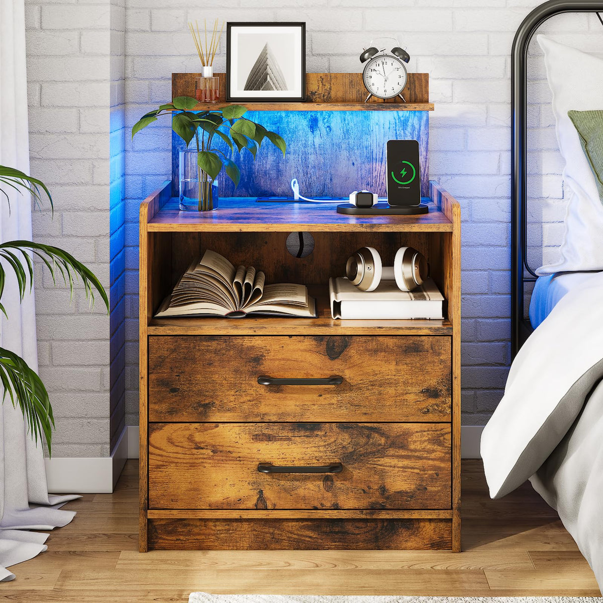 LED Nightstand with Charging Station, Night Stand with 2 Drawers and Open Storage, Bedside Table with LED Lights, Modern End Table with USB Ports Outlets, Rustic Brown Diliplain