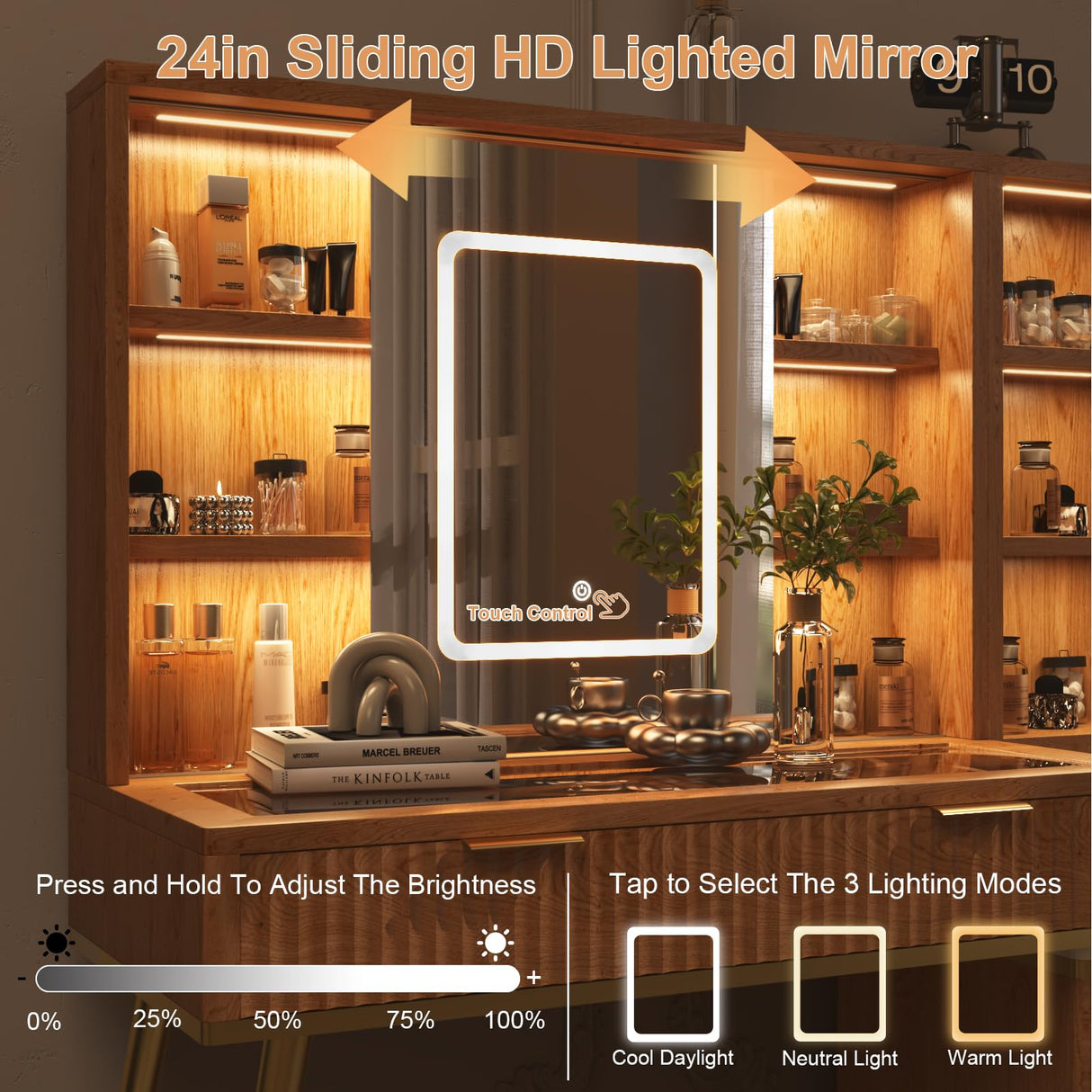 HSSZXFR 48" Fluted Makeup Vanity Desk with Mirror and Lights, Rustic Vanity Table with Modern Glass Top and Charging Station, Vanity Wooden 5 Drawers and Shelves Adjustable (Wood) HSSZXFR