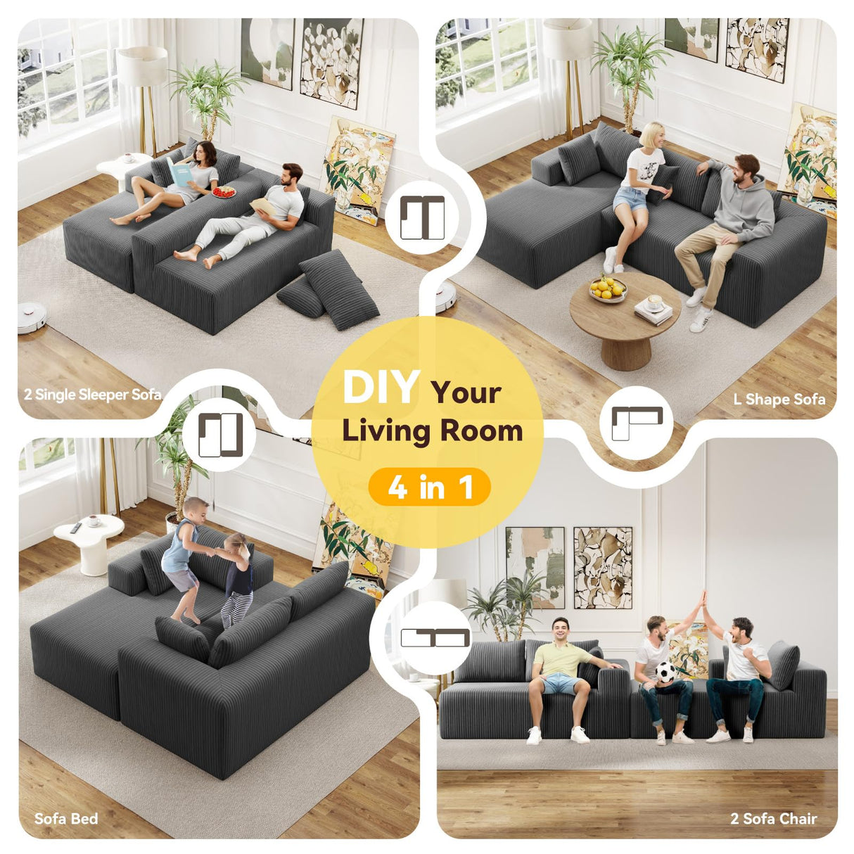 Mvpipi L-Shaped Boneless Couches for Living Room, Cloud Couch with Oversized Chaise, Modular Sectional Sofa w/Deep Seat, Corduroy Comfy Sofa, Couches for Bedroom & Apartment, No Assembly, Grey Mvpipi