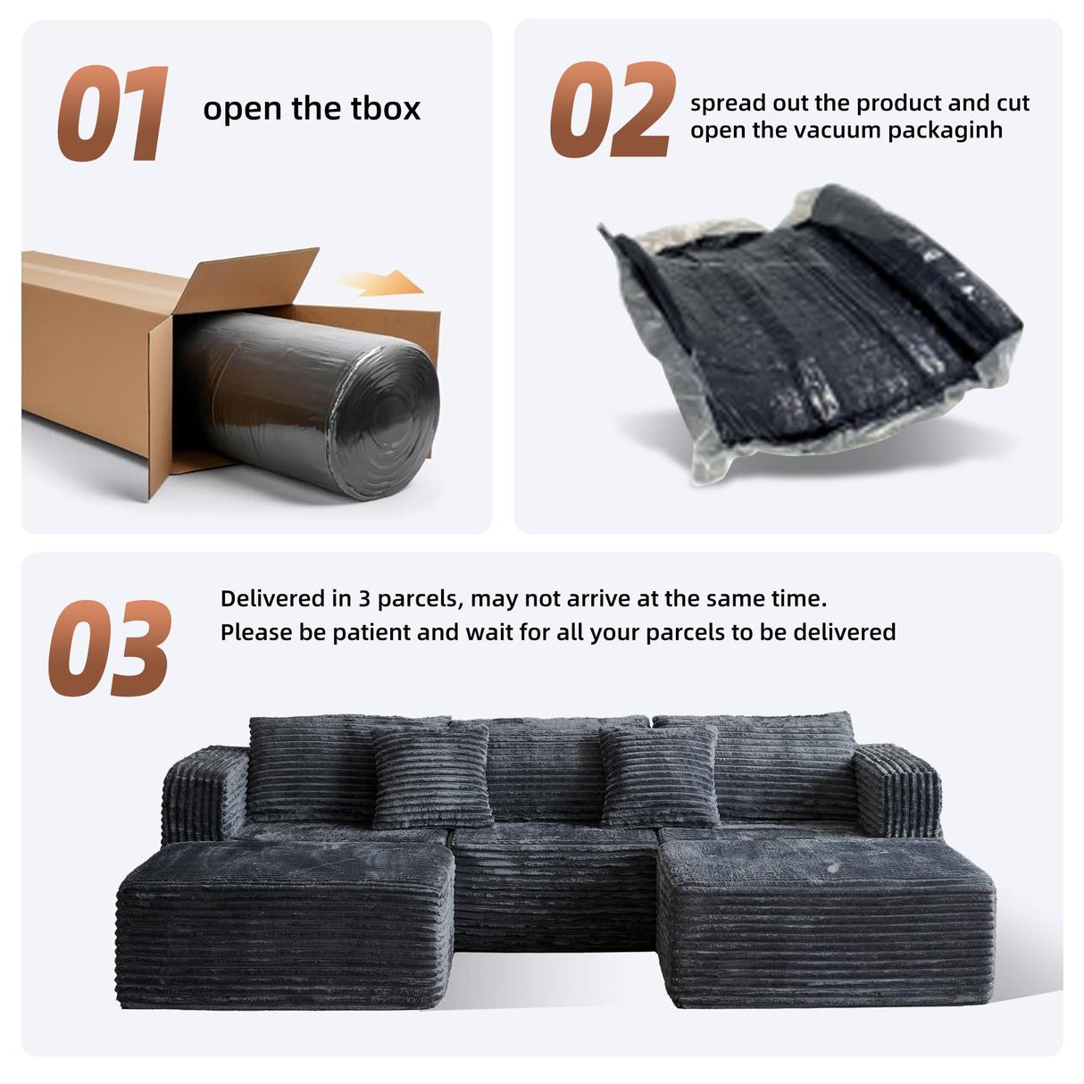 110" Modular Sectional Couch with 2 Movable Ottoman, Cloud Sofa Couches for Living Room, U Shaped Deep Seat Boneless Sofa,Luxury Corduroy Fabric, No Assembly Required Grey Veloflow