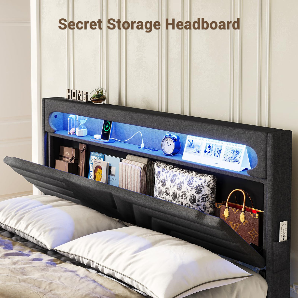 BTHFST Dark Gray Floating Bed Frame with RGB LED Headboard and Integrated Charging Ports BTHFST