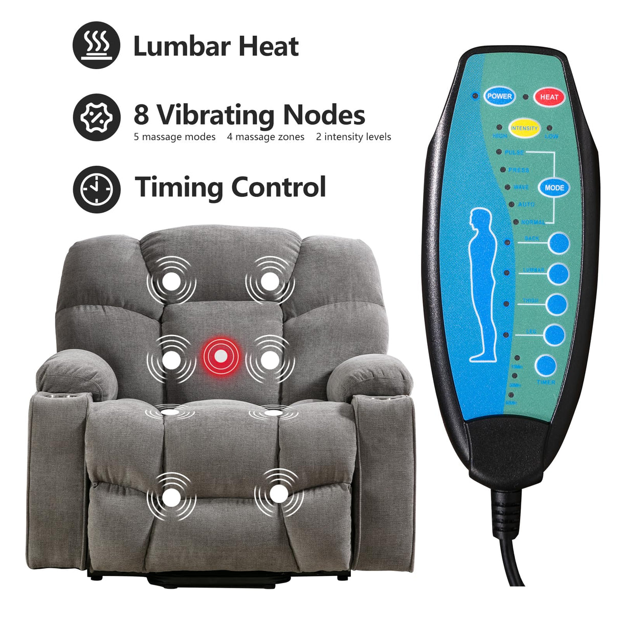 CANMOV Oversized Power Lift Recliner Chair for Elderly, Big and Tall Electric Recliner Chair with Massage and Heating, Dual Motor Heavy Duty Lift Recliner with USB Port, Cup Holders, Pockets, Grey CANMOV