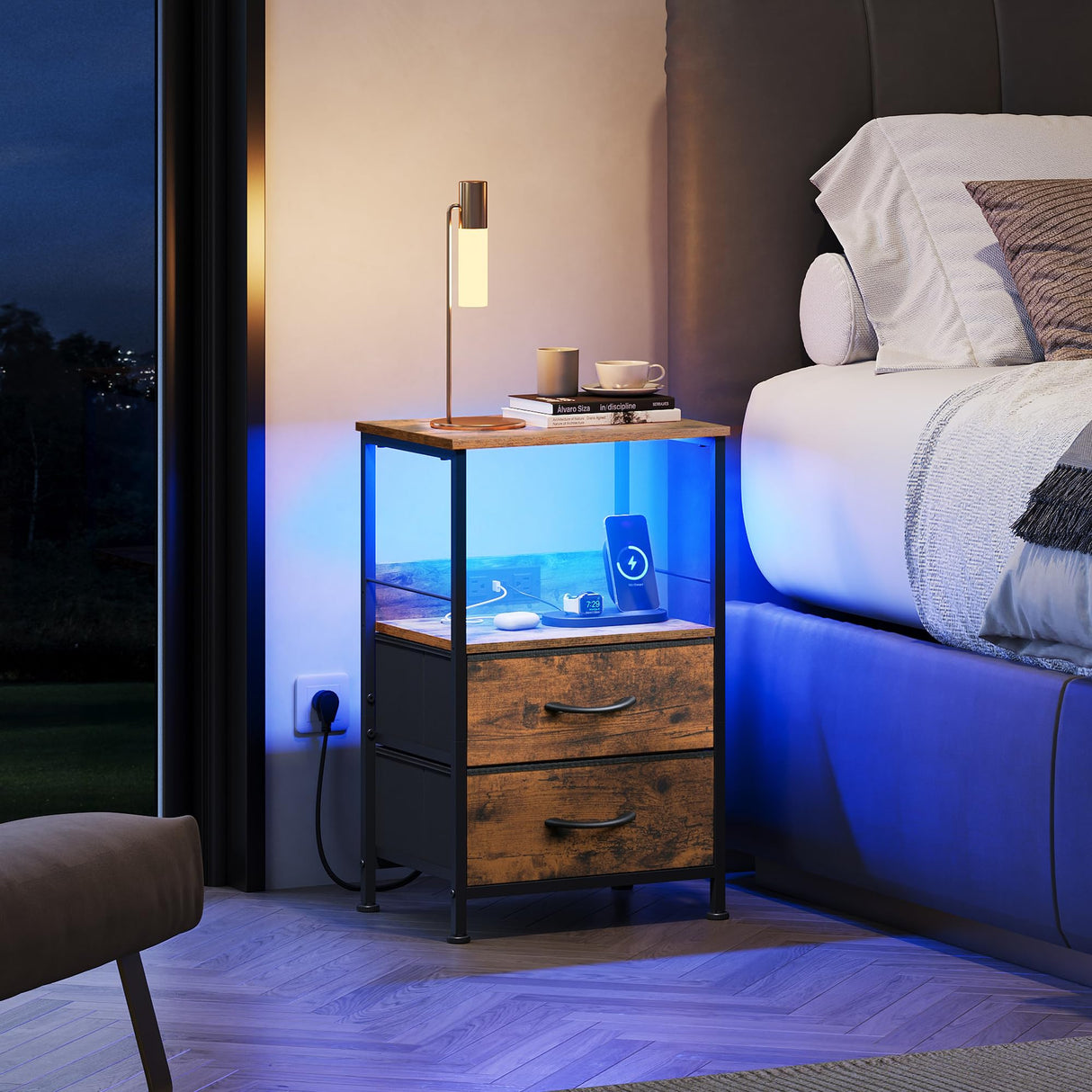 WLIVE Night Stand with Charging Station, LED Nightstand with 2 Fabric Drawers and Storage Shelf, Small Bedside Tables for Small Spaces, Dresser for Bedroom, Rustic Brown WLIVE