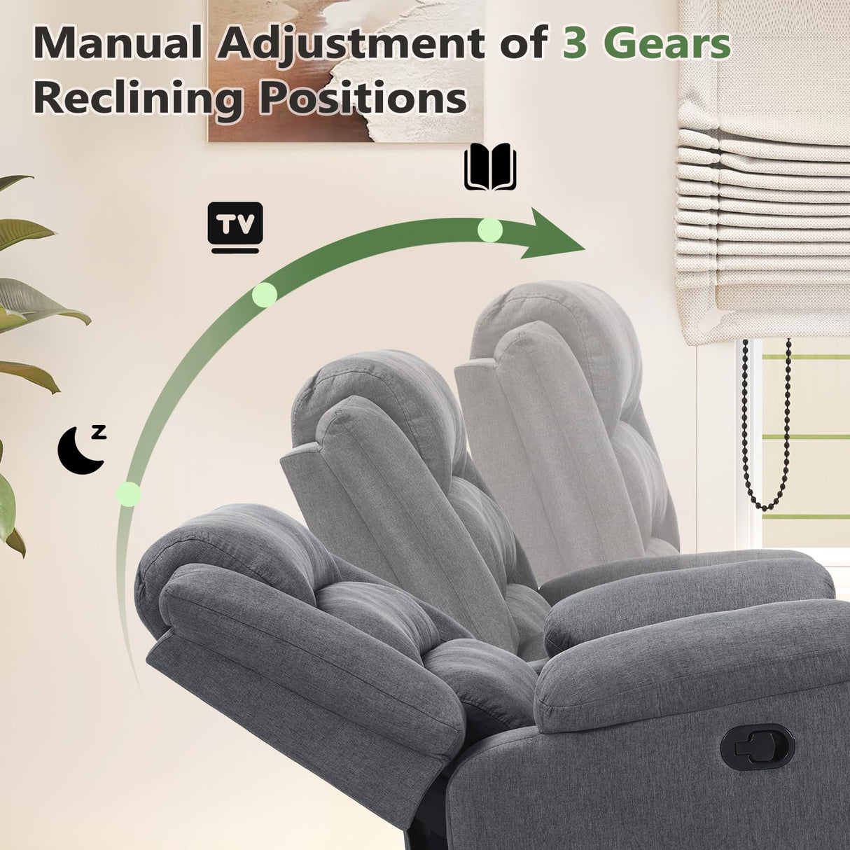 ANJ Fabric Recliner Chair with Overstuffed Arms and Back, Comfy Grey Manual Recliner for Adults, Living Room Single Sofa ANJ