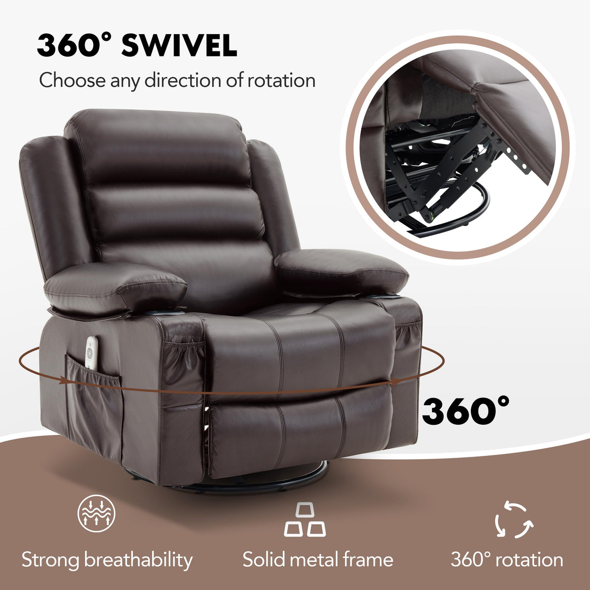 Huatean Home Rocker Recliner Chair with Heat and Massage, 360° Swivel Recliner Chairs for Adults, Oversized Recliner Single Sofa Seat with Cup Holders, Lazy Boy Recliner (Darkbrown, Regular) Huatean Home
