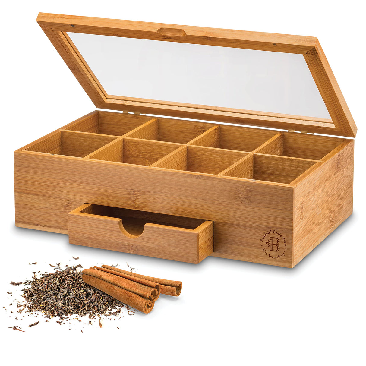 Bamboo Tea Bag Organizer Storage Box with Drawer & Acrylic Window - Magnetic Lid Keeps Contents Fresh - Ideal Mothers Day Gifts for Mom - Gift Caddy (Tea Not Included) Bambüsi