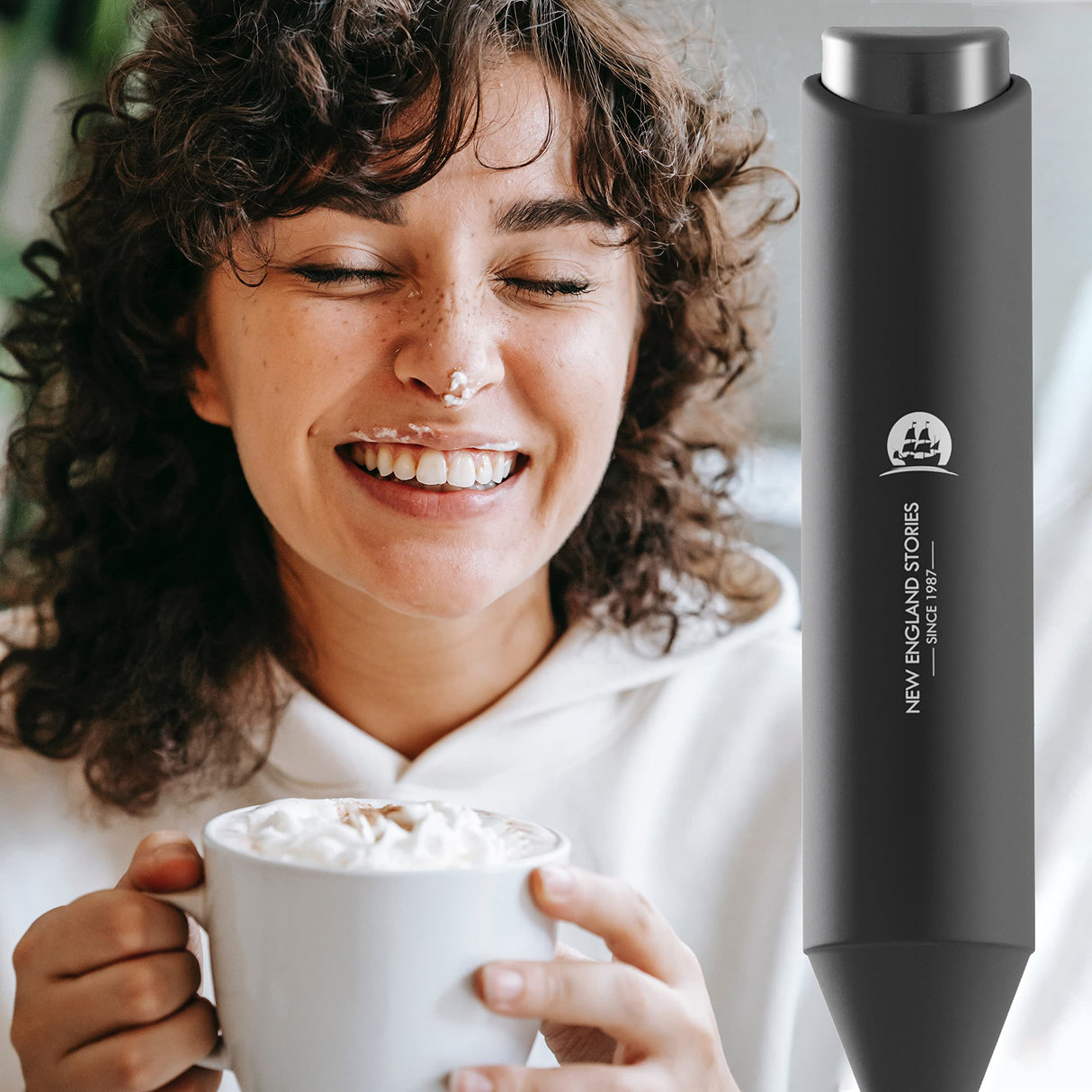 Powerful Milk Frother Wand - Mini Handheld Milk Frother with Stainless Steel Whisk - Battery-Powered Drink Mixer for Coffee, Lattes, Cappuccinos, Matcha - Coffee Enthusiasts Gift - Black New England Stories