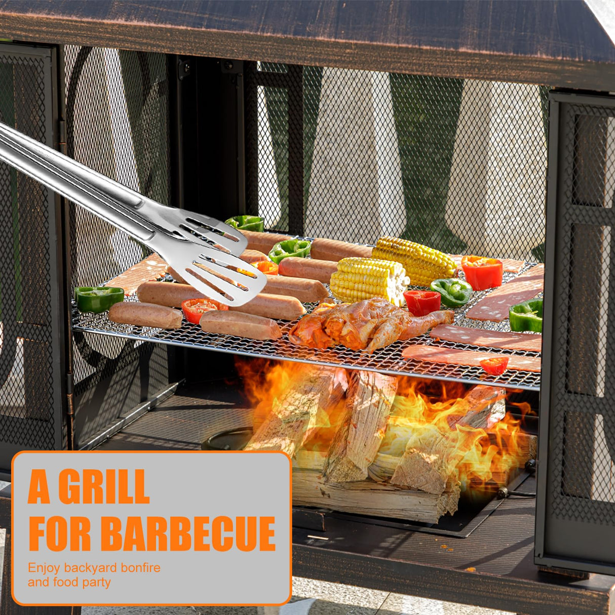 Panovue 45" H×31''W Metal Chiminea Fire Pit with Grill, Wood Burning Fire Pits for Outside,Square Chimineas Fireplace with Mesh Spark Screen Door& Fire Poker for Garden,Yard,BBQ,Bonfire Panovue