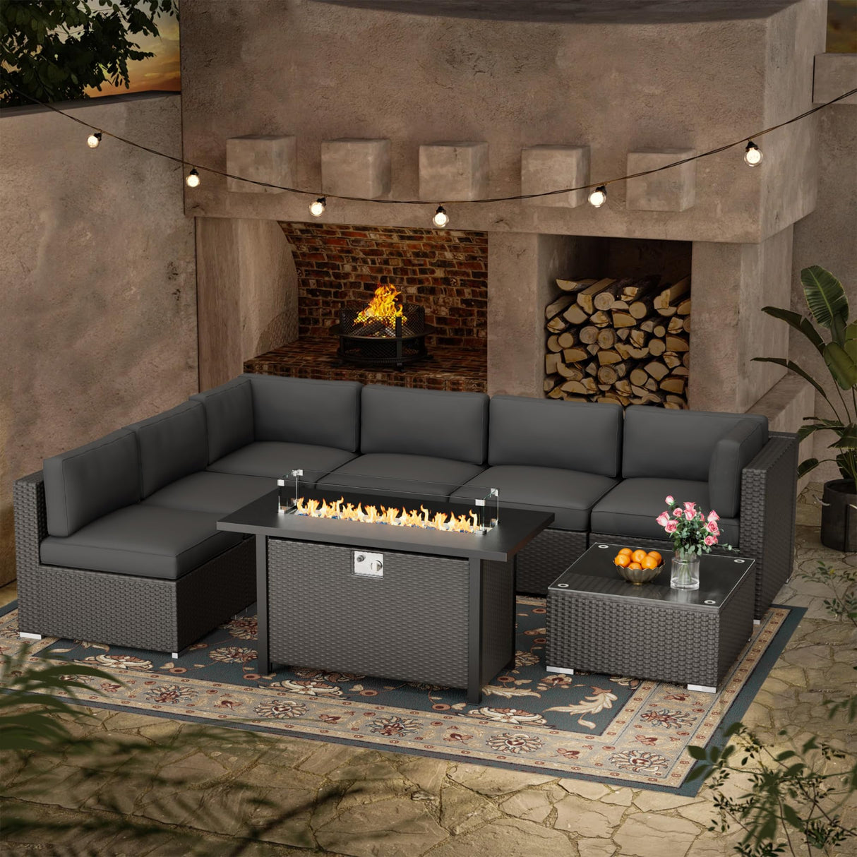 Oakcloud 8-Piece Outdoor Patio Furniture Sofa Set with 45” Propane Gas Fire Pit Table, Black Rattan Wicker Sectional Conversation Sets with Glass Top Tables and Cushions(Grey, w/Fire Pit Table) Oakcloud