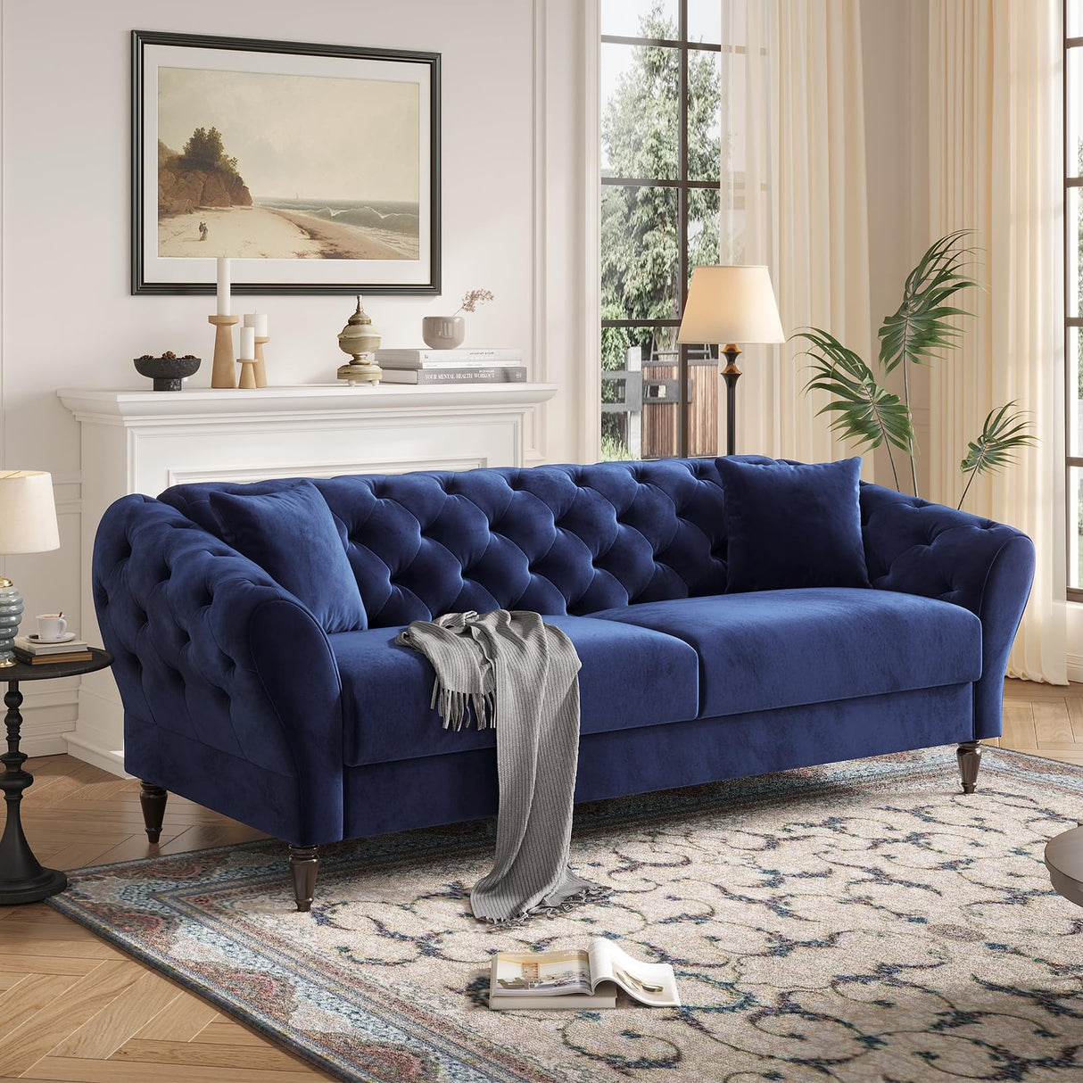 Fadware 81” Luxury Chesterfield Sofa, Velvet Loveseat with 2 Pillows& Retro Wooden Leg, Mid Century Modern 2-Seater Couch with Tufted Armrest& Back, Comfy Home Sofa for Living Room Bedroom Fadware