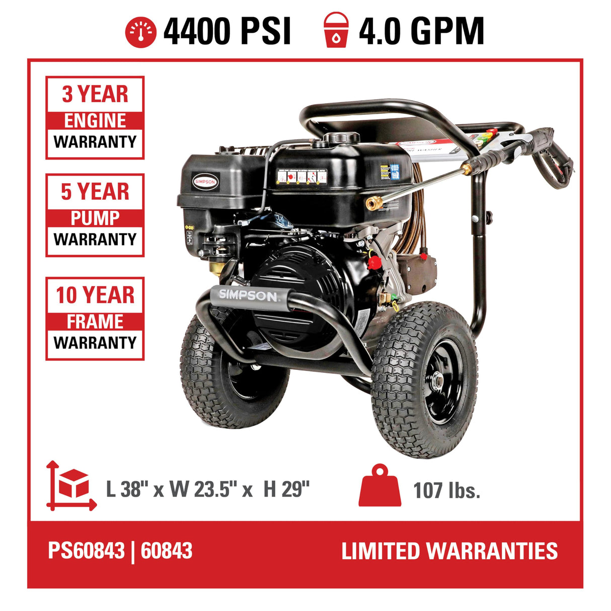 SIMPSON Cleaning PS60843 PowerShot 4400 PSI Gas Pressure Washer, 4.0 GPM, CRX 420cc Engine, Includes Spray Gun and Extension Wand, 5 QC Nozzle Tips, 3/8-inch x 50-foot Monster Hose, 49-State SIMPSON