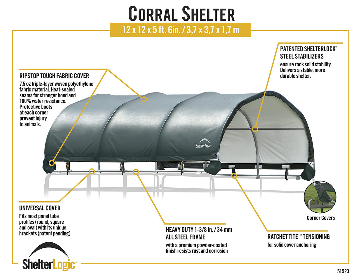 ShelterLogic 12' x 12' Corral Shelter and Livestock Shade Waterproof and UV Treated Universal Cover for Horses, Goats, and Other Livestock (Corral Panels Not Included) ShelterLogic
