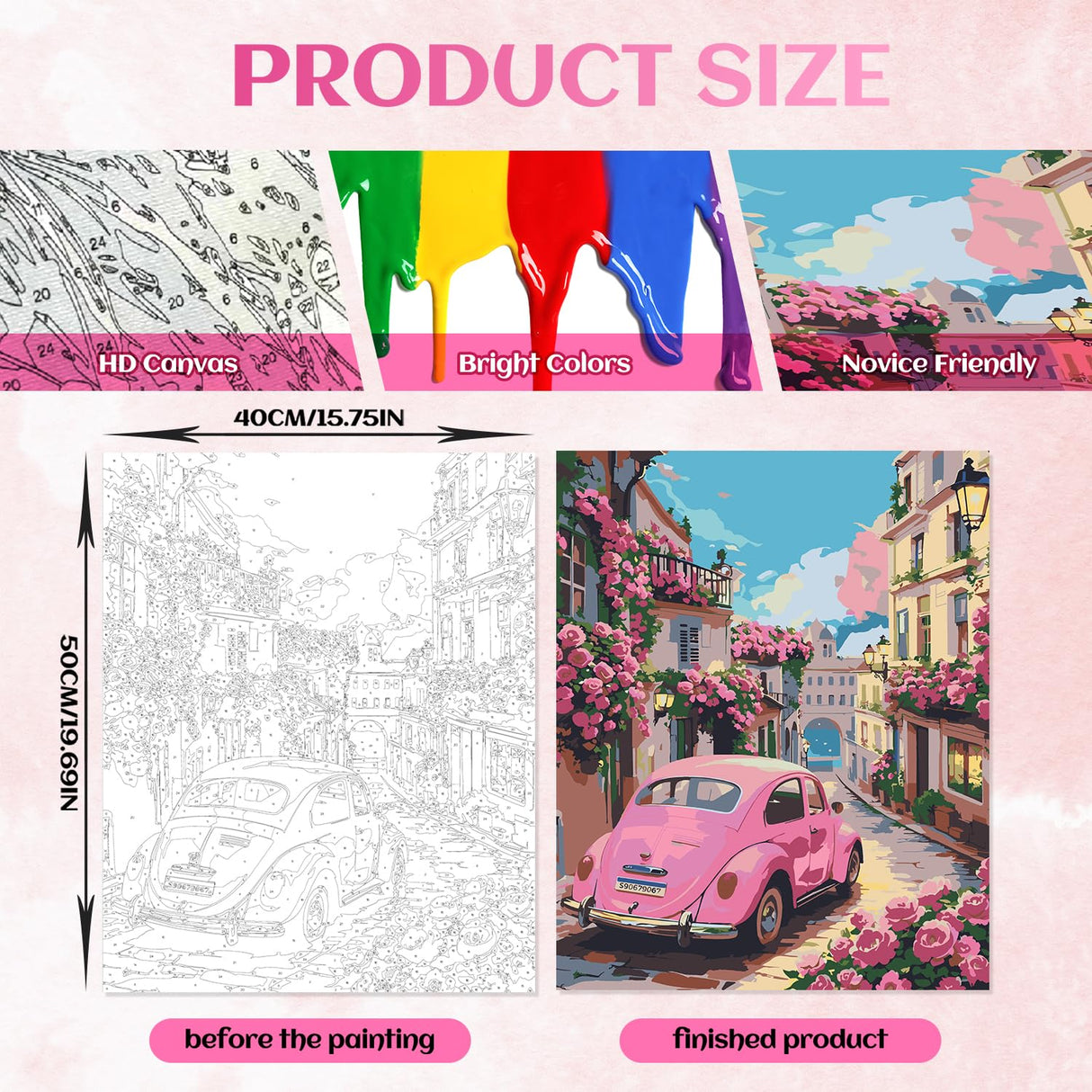 NPCSWXQ Paint by Numbers Kit for Adults Beginners, Sunset Pink Roses Pink Car Decoration Oil Acrylic Painting Crafts Number Artist Paint Kit for Home Wall Bedroom Study or Office Decor Gift 16x20Inch NPCSWXQ