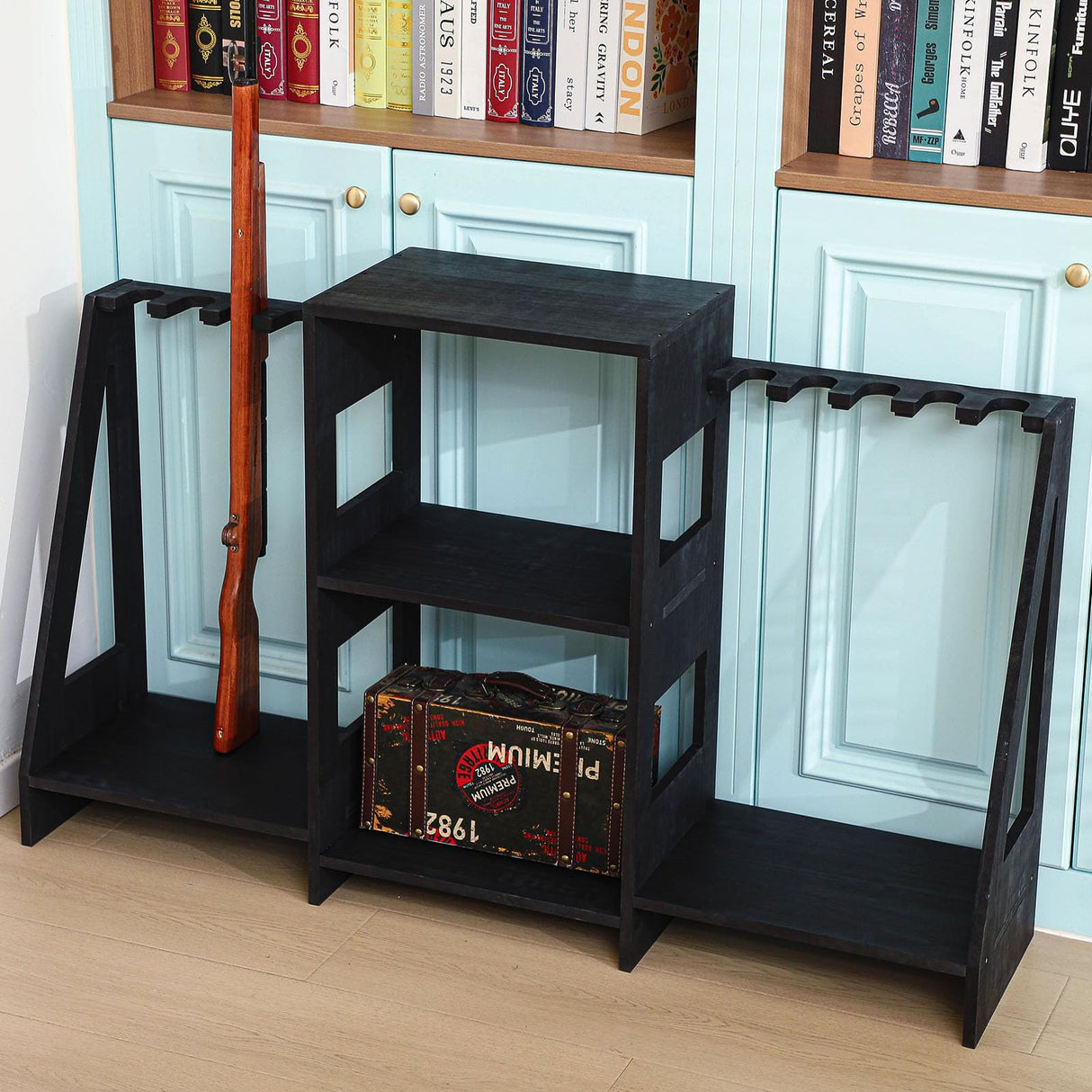 DoubleFill Gun Rack Wooden Display Stand Rifle Rack for Garage Storage Holds 10 Long Guns and Accessories Organizer for Shooting Clubs, Hunting DoubleFill