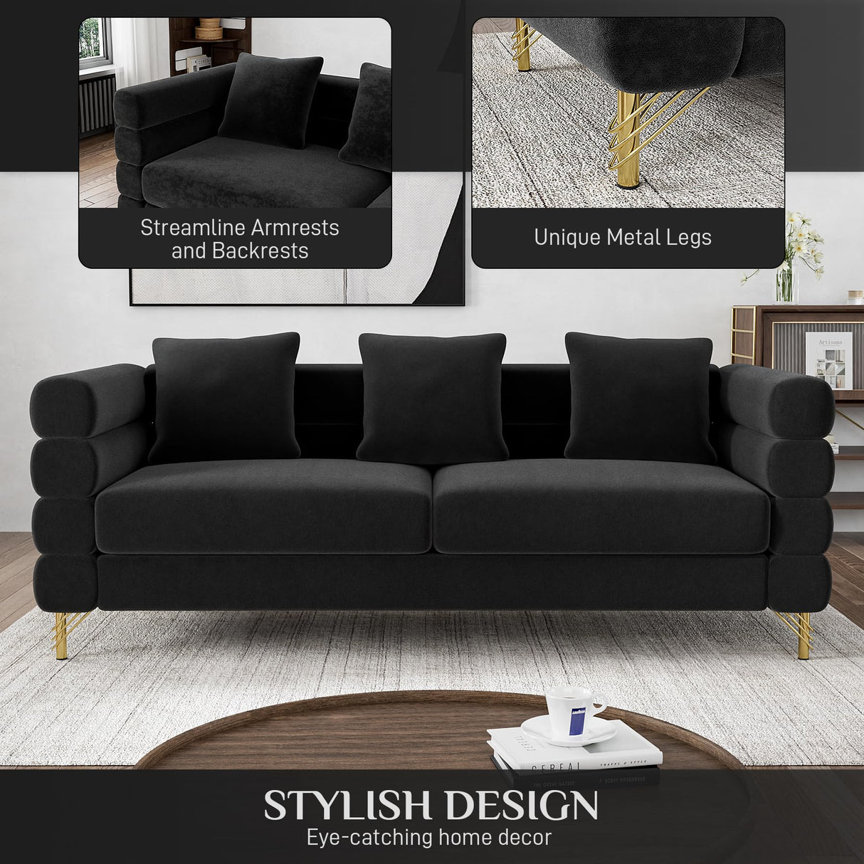 OUYESSIR Cloud Sofa Couch for Living Room, 79" Comfy Deep Seat Velvet Sofa with 3 Pillows and Gold Legs, Modern Upholstered 3 Seater Large Loveseat for Bedroom Office, Dark Black Velvet OUYESSIR