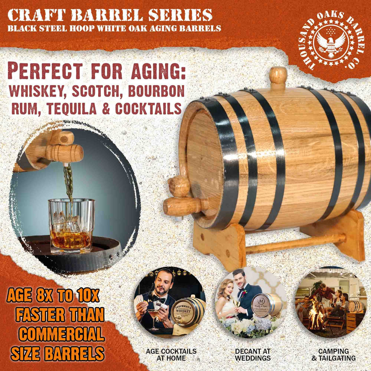2 Liter Oak Aging Barrel with Wood Stand, Bung & Spigot - Mini Whiskey Barrels for The Home Alcohol Distiller, Brewer, Moonshiner & Winemaker - Age THOUSAND OAKS BARREL
